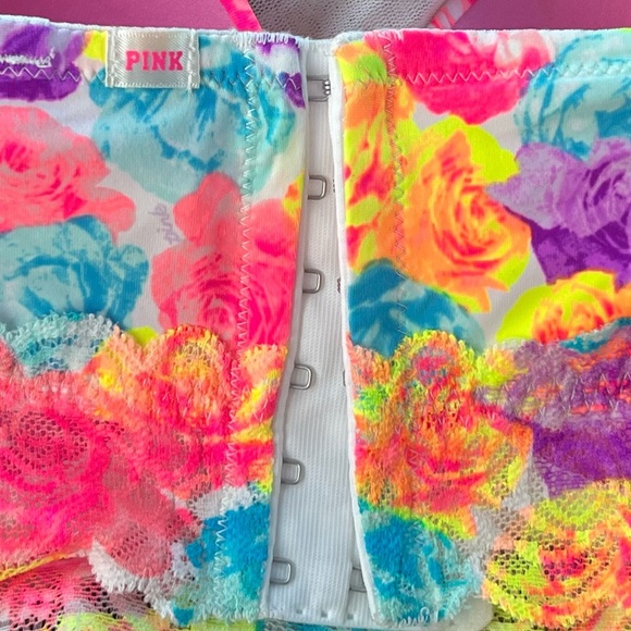 Pink Victoria’s Secret Push Up Bustier with Roses and Lace Underwire Bra 34D - Picture 6 of 8